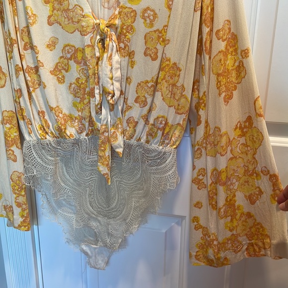Free People - Forties Feels Yellow Floral Print Tie-Front Bodysuit, Size Small - Picture 7 of 9